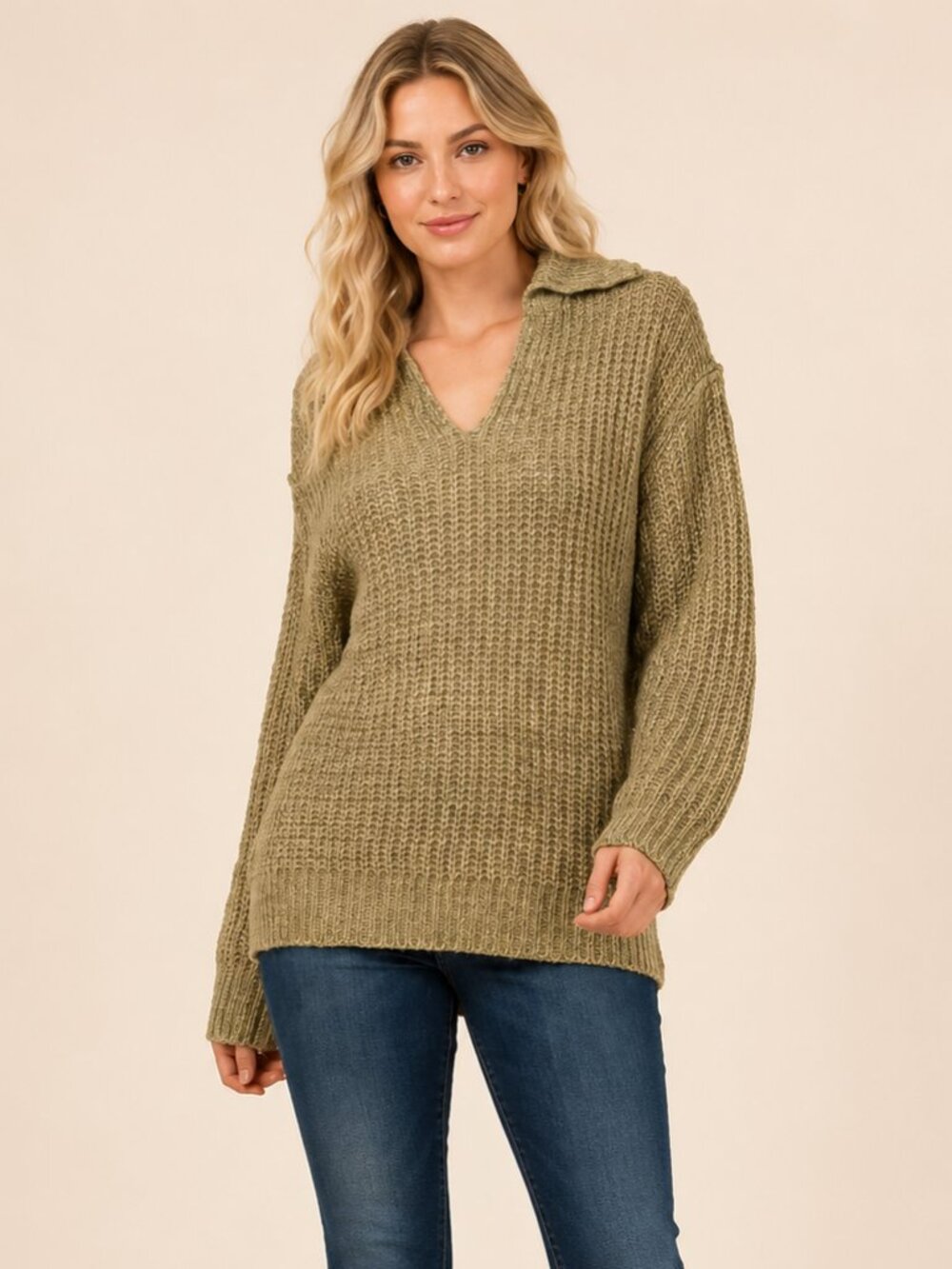 A060 • Olive Textured Knit Collared Sweater
